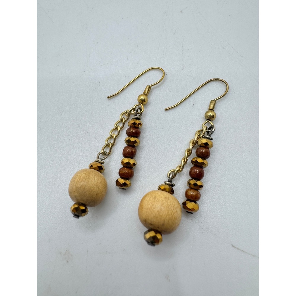 Gold Tone Wood and Faceted Bronze Bead Double Strand Drop Earrings Boho Brown